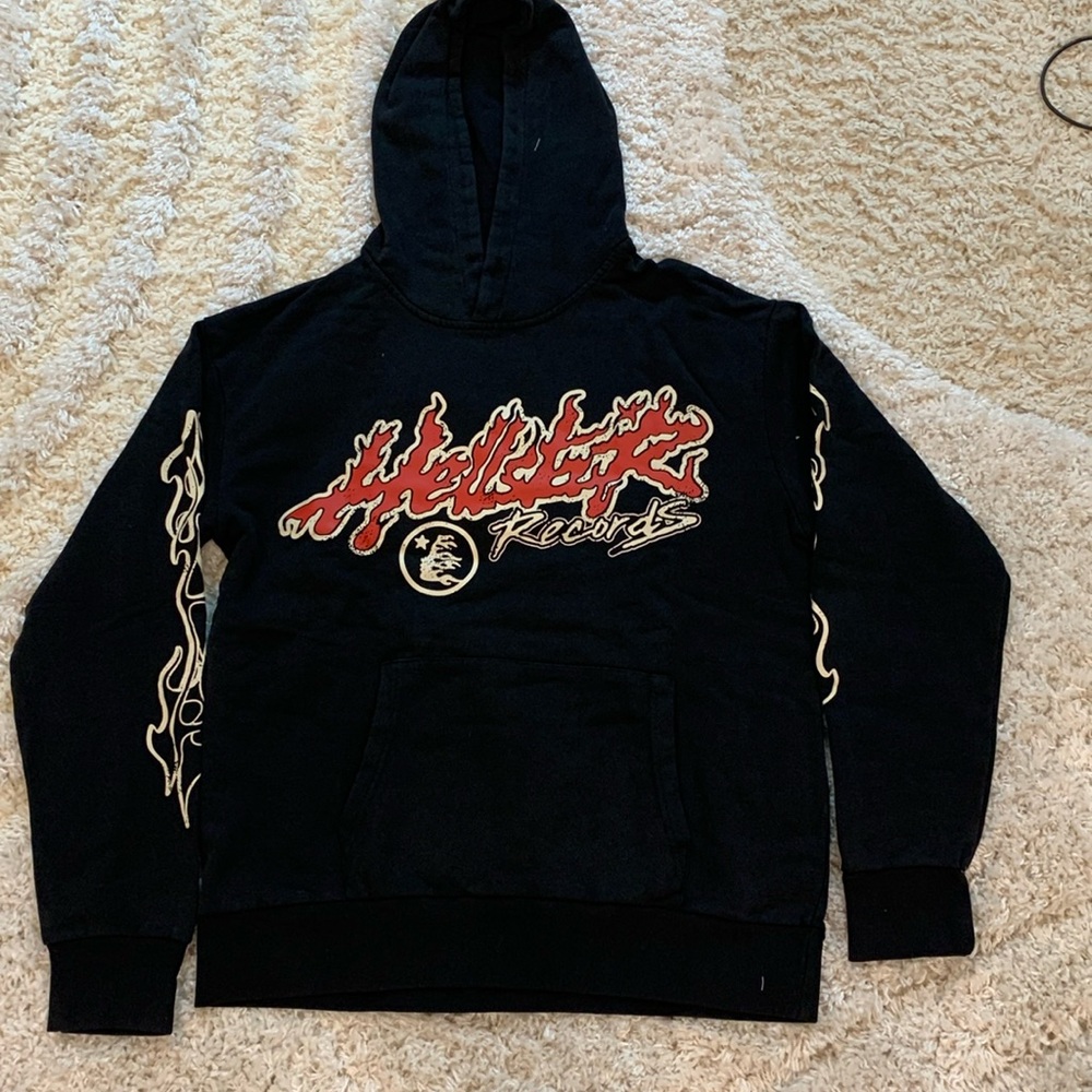 Hellstar Records Flaming Letters Logo Black Pullover Hoodie Men’s Size Large